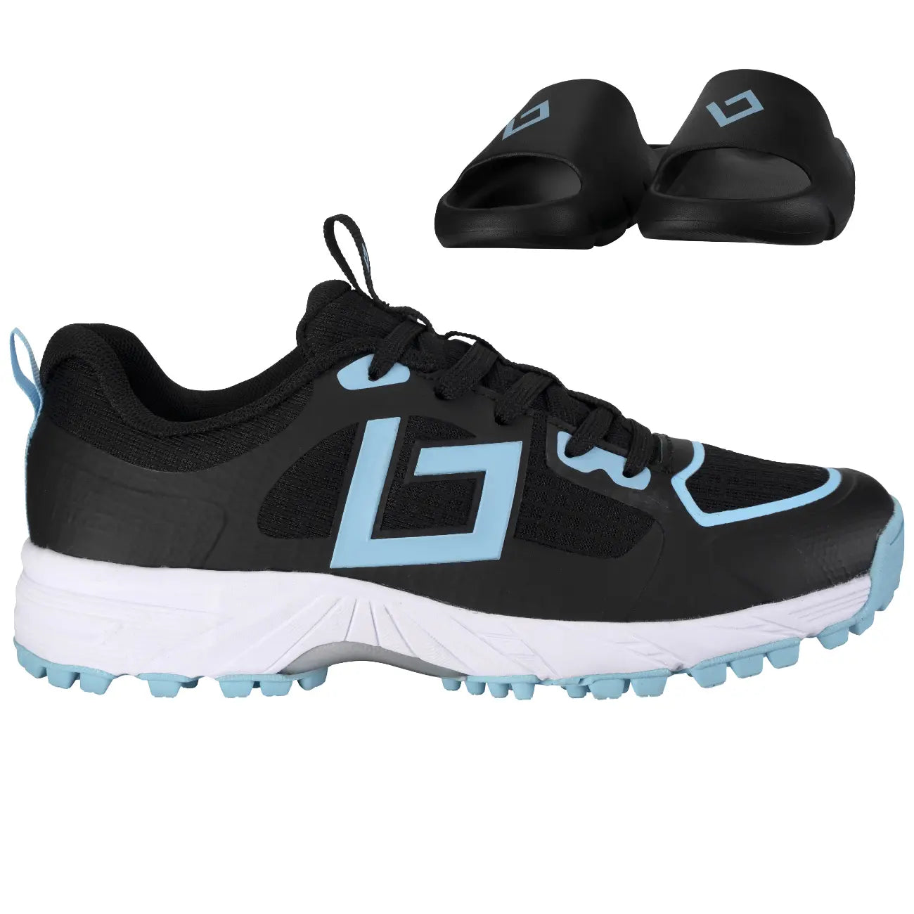Brabo Shoe Tribute Black/L. Blue + Slide Hockeyschoen